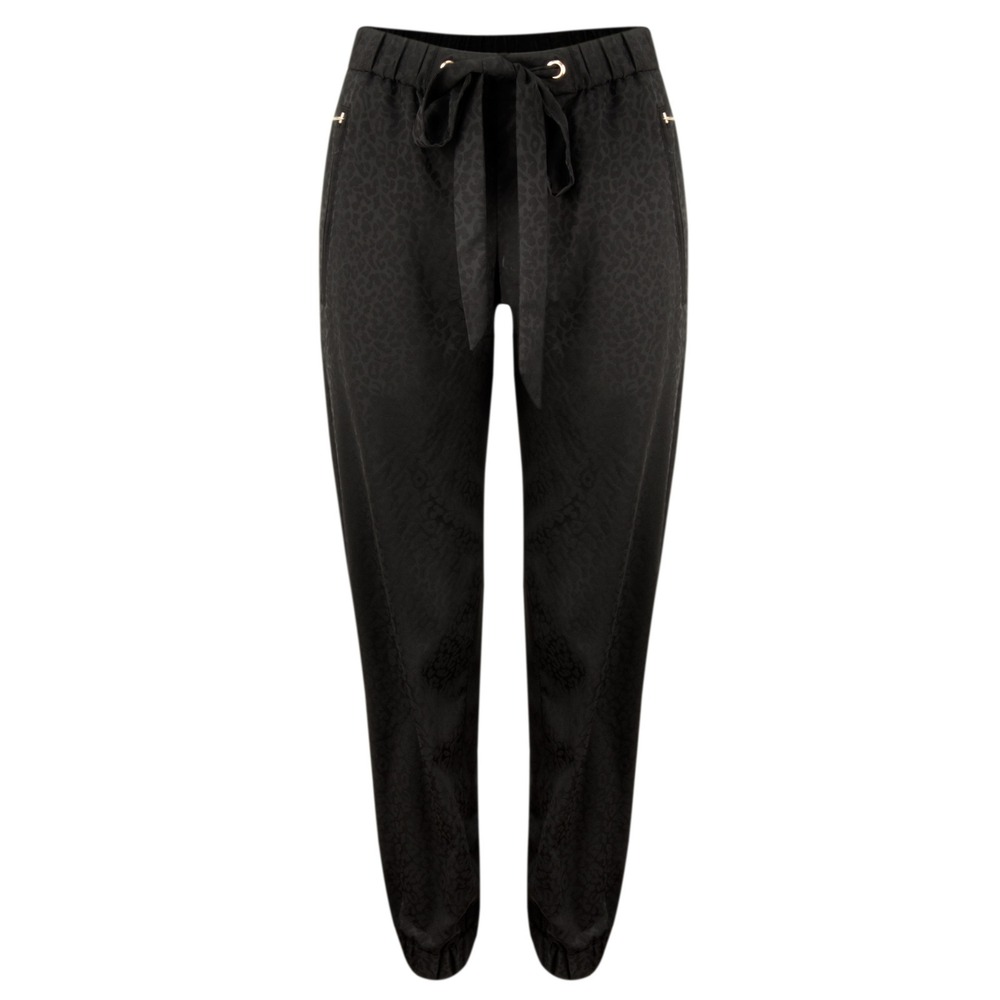 French Connection Black Leopard Jogger Track Pants Womens 10 Cropped Gold Accent